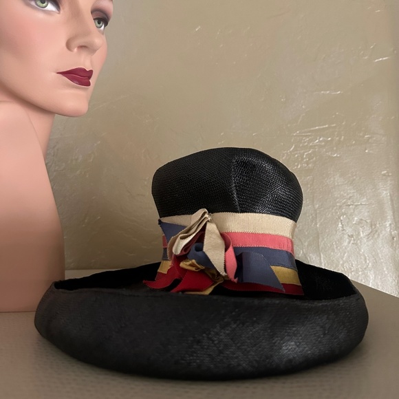 SHOWSTOPPER 1930s\' FRENCH NAVY STRAW FEDORA - MULTICOLORED GROSGRAIN BAND main image 4